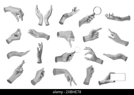 Set of different hand gestures isolated on white, black and white Stock Photo