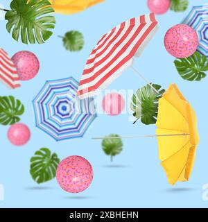 Summer party. Beach umbrellas, balls and tropical leaves in air on light blue background Stock Photo