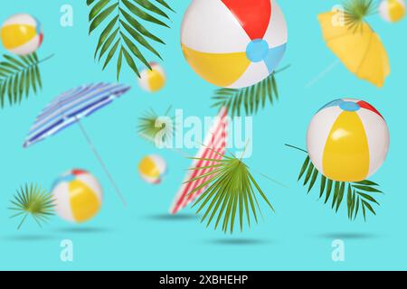 Summer party. Beach umbrellas, balls and palm leaves in air on light blue background Stock Photo