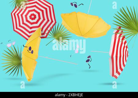 Summer party. Beach umbrellas, sunglasses and palm leaves in air on light blue background Stock Photo