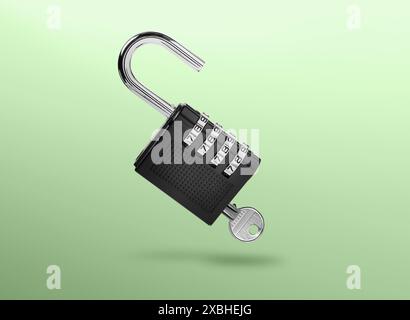 Combination padlock with master key in air on green gradient background Stock Photo