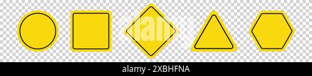 Set of round, square, rhombic, triangular and hexagonal yellow road signs. Vector illustration of icons for warning about the situation on the road. T Stock Vector