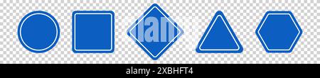 Set of round, square, rhombic, triangular and hexagonal blue road signs. Vector illustration of icons for warning about the situation on the road. Tra Stock Vector