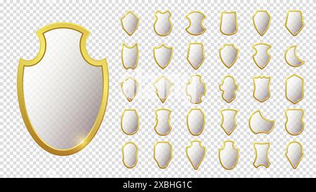 Set of realistic golden heraldic shields. Glass and glossy shield collection. Vector illustration. Transparent background. Stock Vector