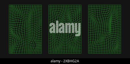 Abstract wireframes, cyberpunk elements and perspective green grids and spheres. Surreal geometric retro futuristic set. Psychedelic y2k shapes. Rave Stock Vector