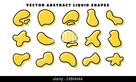 Outline blob shapes, fluid or liquid round abstract elements. Black and yellow simple blotch water forms. Flat vector illustration. Stock Vector