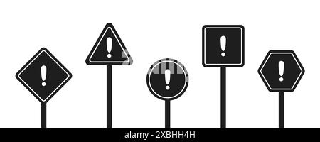 Set of round, square, rhombic, triangular and hexagonal black road signs with exclamation point. Caution sign. Vector icons for warning about the situ Stock Vector