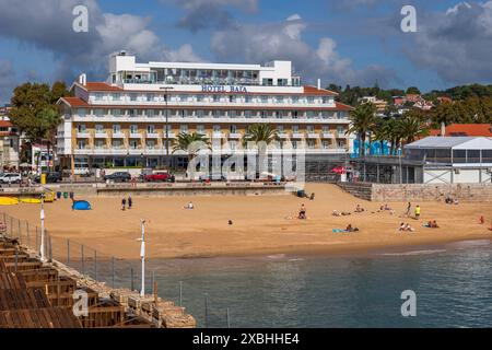 Resort town of Cascais in Portugal, Praia da Ribeira beach and Hotel Baia at the Atlantic Ocean in Greater Lisbon. Stock Photo