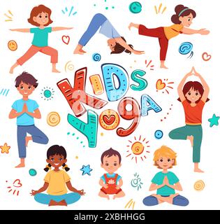 Kids Yoga square Banners Design Concept. Colorful kids yoga class Stock Vector