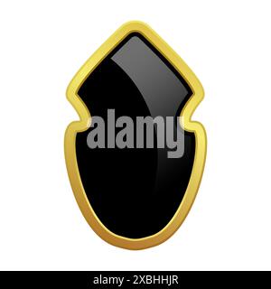Shield with glossy bright golden frame isolated on red background. VIP luxury logo design element. Vector clipart illustration. Logotype medieval Stock Vector