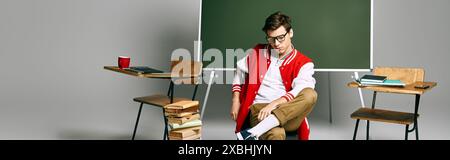 A man sits enraptured in front of a green board, lost in thought. Stock Photo