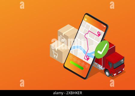 Isometric Logistics and Delivery , free shipping home. City logistics. Truck, courier, drone and delivery man. Smartphone online shopping application Stock Vector