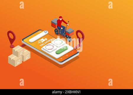 Isometric Logistics and Delivery , free shipping home. City logistics. Fast food delivery man with motorcycles. Customers ordering on mobile Stock Vector