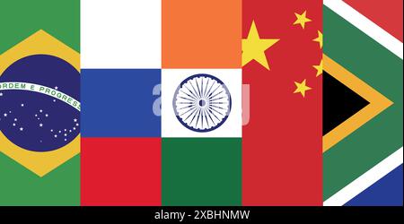 BRICS - Association of 5 countries: Brazil, Russia, India, China and South Africa, flags of the participating countries - Vector illustration Stock Vector