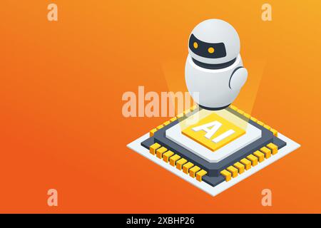 Isometric AI chat bot. Little Minimal Modern White Robot. AI chat bot talk through messenger with user. Stock Vector