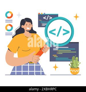 Software testing. Code testing and debugging. IT specialist searching for bugs using functional methods. Website and application development. Flat vector illustration Stock Vector