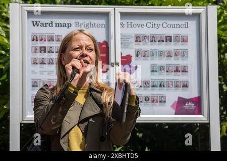 Brighton, UK. 5th June, 2024. Sian Berry, Green Party Parliamentary candidate for Brighton Pavilion, addresses a protest outside Hove Town Hall against arms company L3Harris. The protest coincided with a meeting during which Brighton and Hove City councillors unanimously rejected plans submitted by L3Harris to extend its arms factory in Moulsecoomb. Sian Berry is campaigning to be elected to replace Caroline Lucas (who has stepped down) as MP for Brighton Pavilion at the General Election on 4th July. Credit: Mark Kerrison/Alamy Live News Stock Photo