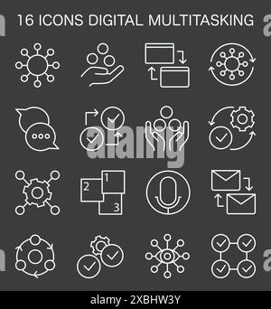 Digital multitasking icons set. Effectiveness and competence, media consumption management. Business productivity optimization, scheduling and progress tracking. Flat vector illustration Stock Vector