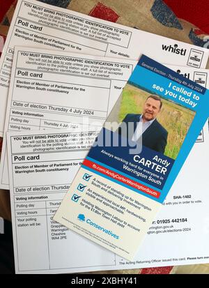 Conservative Tory general election campaign leaflet, on a union flag cushion, with polling cards, in Warrington South constituancy, Cheshire, England Stock Photo