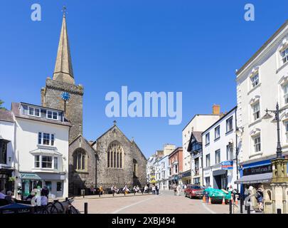 Tenby Town centre Tudor Square shops and St Marys church in Tenby a welsh seaside town in Carmarthan bay Pembrokeshire West Wales UK GB Europe Stock Photo