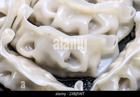 close up of chinese steamed dumplings in a take away container (asian pork meat filled dim sum appetizer dish) black plastic to go plate box (steam do Stock Photo