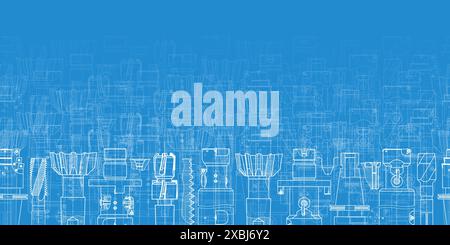 Mechanical engineering drawings on blue background. Tap tools, borer. Technical Design. Cover. Blueprint. Seamless pattern. Vector illustration. Stock Vector