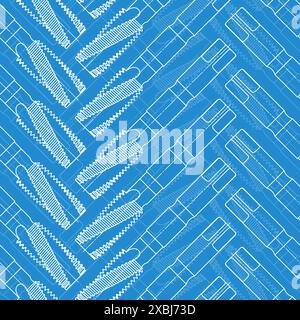 Mechanical engineering drawings on blue background. Tap tools, borer. Technical Design. Cover. Blueprint. Seamless pattern. Vector illustration. Stock Vector