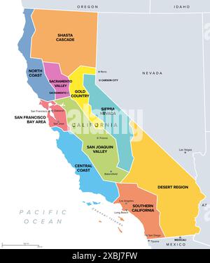 California, major regions, political map. State in the Western United States with capital Sacramento, lying on the Pacific Coast. Stock Photo