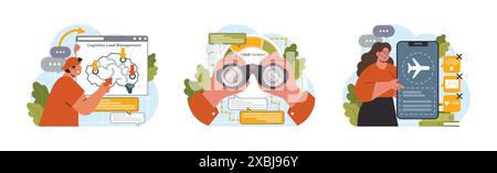 Hyperfocus set. Focus and concentration skill. Self-discipline and time management. Organization for performance efficiency. Flat vector illustration Stock Vector