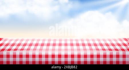 Summer or spring picnic background. Red checkered tablecloth and blue sunshine sky with clouds. Empty space food table. Tabletop advertisement backdro Stock Vector