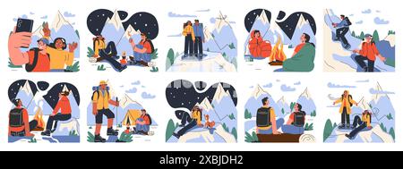 Mountaineering set. Mountain climbers with backpacks during nature adventure. People climbing rock wall, sitting near campfire and hiking in the hills. Flat vector illustration Stock Vector