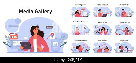 Media set. Character producing or consuming the content in mass media. Newspaper, internet and radio journalism. Social media and digital advertising. Flat vector illustration Stock Vector