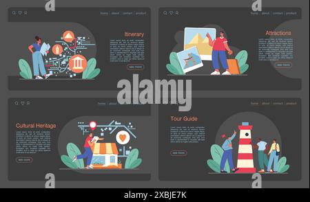 Tourism web banner or landing page dark or night mode set. People traveling the world seeing attractions and cultural heritage. Traveler booking a hotel and packing a baggage. Flat vector illustration Stock Vector