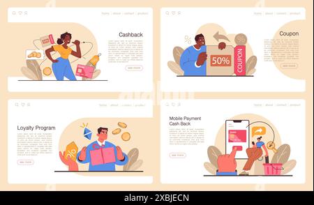 Loyalty program web banner or landing page set. Rewards, offers, cashback and card points. Commercial program for client retention. Customer loyalty. Marketing promotion. Flat vector illustration Stock Vector
