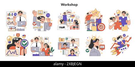 Training workshop set. Interactive training process. Professional development. Increasing of business competences and skills. Flat vector illustration Stock Vector