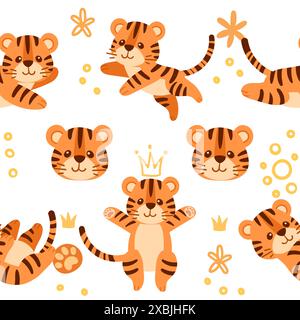 Seamless pattern cute small tiger cub with golden crown king cartoon animal design vector illustration on white background. Stock Vector