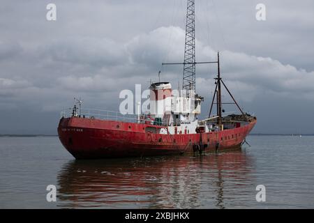 Radio Caroline ship moored in the River Blackwater Essex England. 1964-1967 was the heyday of Radio Caroline and British Offshore Radio Stock Photo