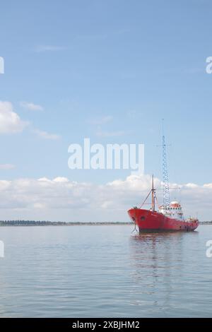 Radio Caroline ship moored in the River Blackwater Essex England. 1964-1967 was the heyday of Radio Caroline and British Offshore Radio Stock Photo