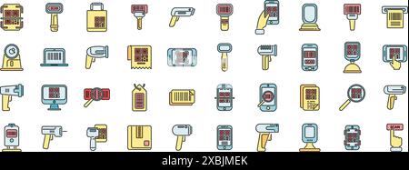 Code scanning icons set outline vector. Qr barcode. Scanner mobile thin line color flat on white Stock Vector