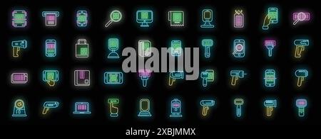 Code scanning icons set outline vector. Qr barcode. Scanner mobile neon color on black Stock Vector