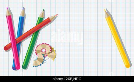 Color pencils and shavings on a sheet of graph paper with copy space Stock Vector