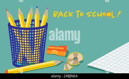 Yellow color pencils in a blue mesh pencil holder, pencil shavings, an orange pencil sharpener and a sheet of graph paper on a cyan background with Ba Stock Vector