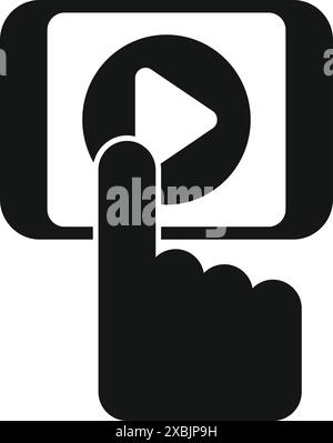 Black glyph icon for a hand pressing the play button on a smartphone screen Stock Vector