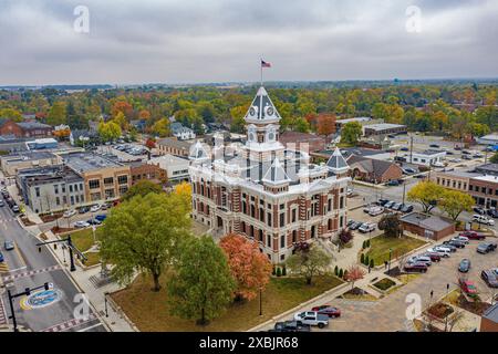 An aerial perspective reveals the Johnson County Courthouse in Franklin, Indiana, standing as a historic landmark amidst its urban landscape. Stock Photo