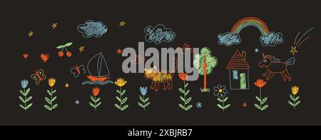Vibrant chalk drawing of a whimsical garden with flowers, butterfly, boat, cat, unicorn, and rainbow doodles. Captures childhood wonder, childrens ill Stock Vector