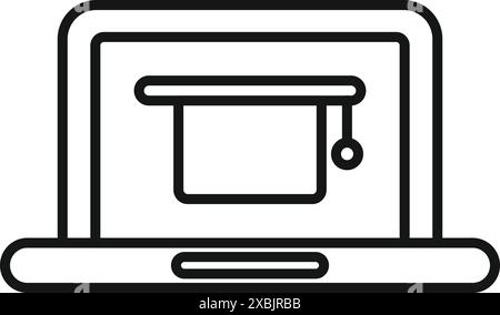 Line art style icon of a laptop showing a graduation hat representing online learning and degree programs Stock Vector