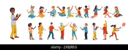 Isolated diverse group of children of different ages playing happily together in colorful outfits. They are smiling, laughing, and interacting while p Stock Vector