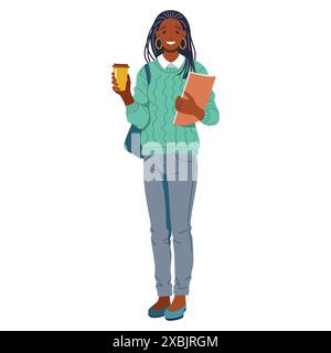 Fashionable African American woman in a green sweater and blue jeans smiling while holding a coffee cup and a book, emanating joy and carefree energy Stock Vector