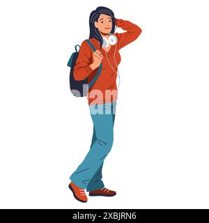 Smiling young woman with dark hair in red sweater, blue jeans, and brown shoes walking while listening to music with headphones and holding backpack. Stock Vector