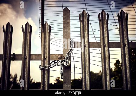 Steel lock and chain on metal gates Stock Photo